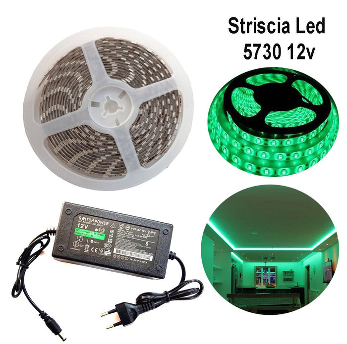 STRISCIA STRIP LED 5730 5M ADESIVA LUCE IP65 ALIMENTATORE 12V 5A VERDE 12W/M