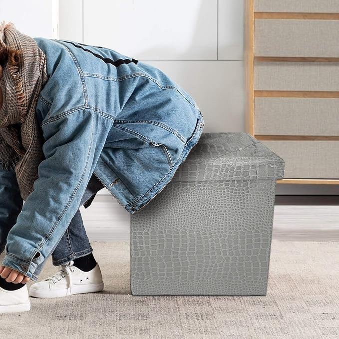 Cassapanca Contenitore Pouf Panca Poggiapiedi Similpelle Pelle Finta Coccodrillo 38x38x38 cm Grigia