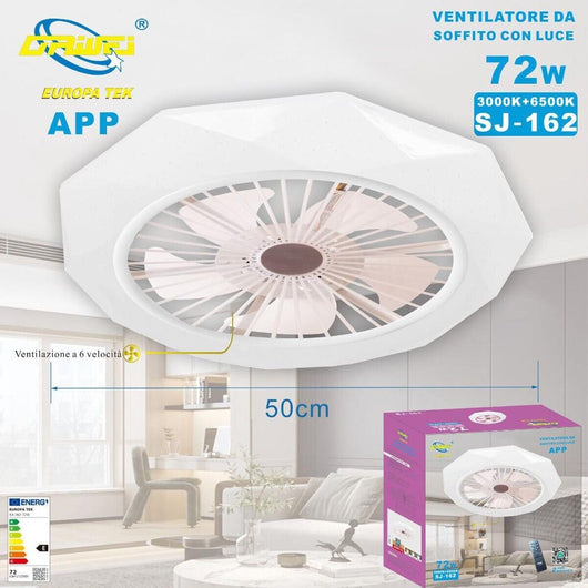 VENTILATORE SOFFITTO LUCE LED 3000K 6500kPLAFONIERA LAMPADARIO SMART 72W SJ-162