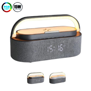 SPEAKER LAMPADA DA TAVOLO RICARICA WIRELESS PORTATILE LUCE RGB LED 15W OROLOGIO