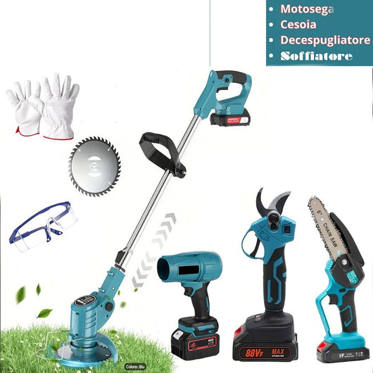 KIT GIARDINAGGIO 4 IN 1 MOTOSEGA CESOIA TAGLIARBA SOFFIATORE 2 BATTERIE 88V
