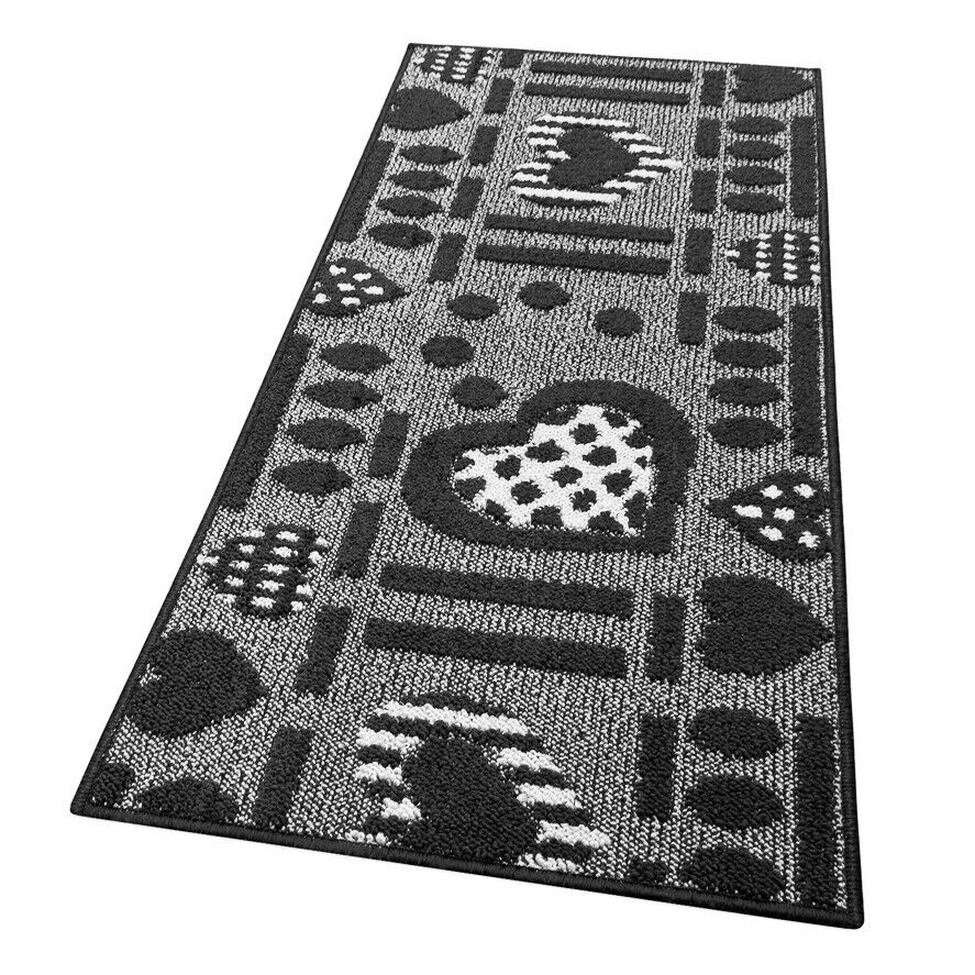 Tappeto Cucina Antiscivolo Cuori 3D Lavabile Moderno Assorbente Grigio 57x270 cm