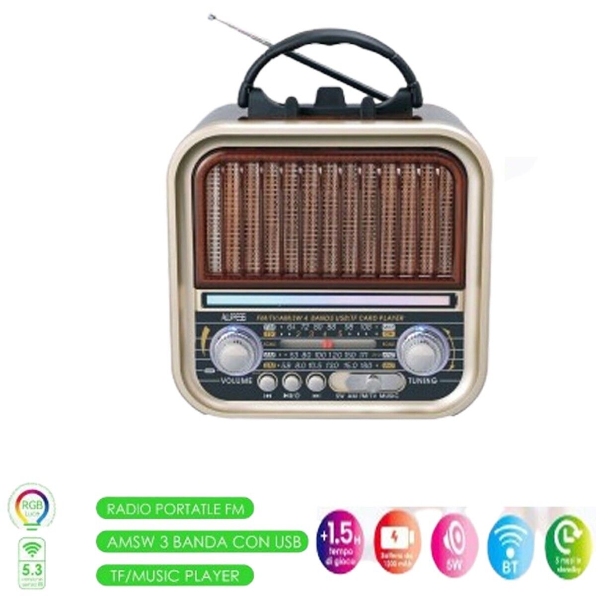 CASSA SPEAKER BLUETOOTH V5.3 PORTATILE RETRO' VINTAGE USB AM FM RADIO 5W AS05956