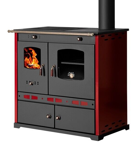 Stufa a legna Perfect Lux Eco, piastra superiore in ghisa, camino a destra