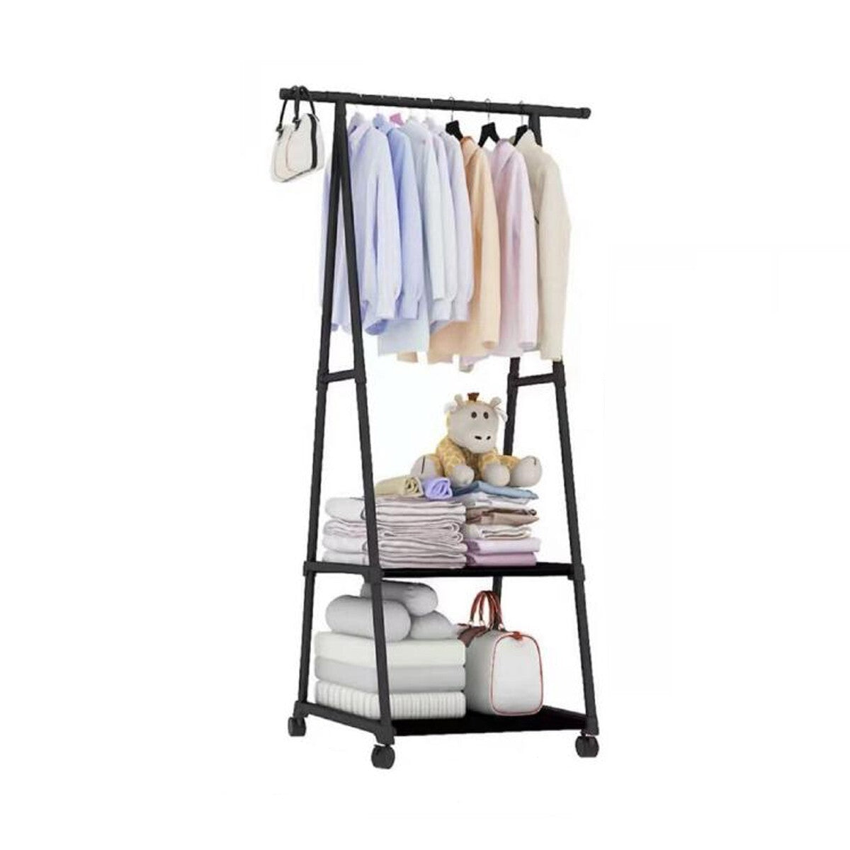 APPENDIABITI TRIANGOLO NERO CON RIPIANI 3 PIANI CASA RUOTE 55X42X160 CM