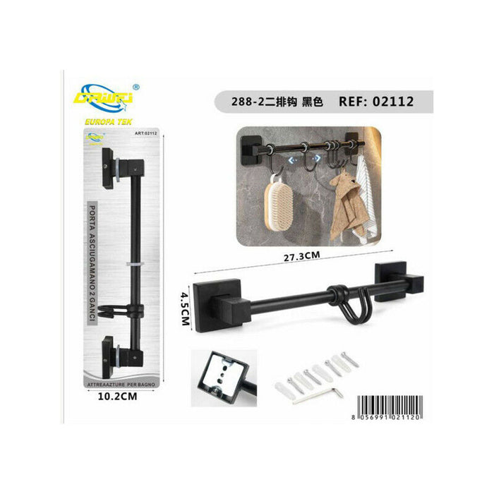 PORTA ASCIUGAMANI 2 GANCI SUPPORTO ARREDO BAGNO CASA CUCINA NERO 02112