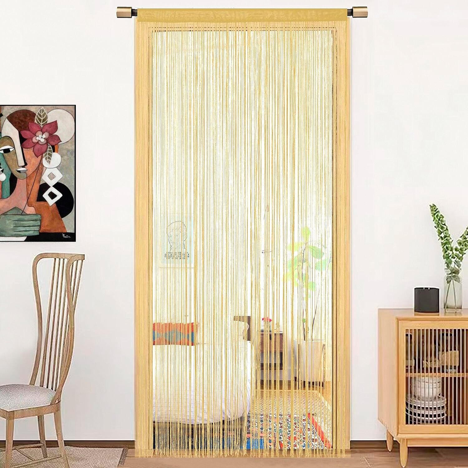 Tenda a Fili Elegante Per Porte Finestre Pannello 100x200 Cm Divisorio Camere Stanze Ambienti Oro