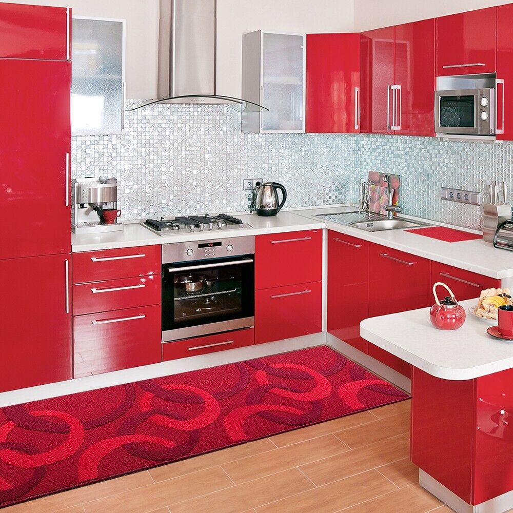 Tappeto Cucina 57x115 Cm Tridimensionale Cerchi 3D Assorbente Morbido Moderno Antiscivolo Bordeaux