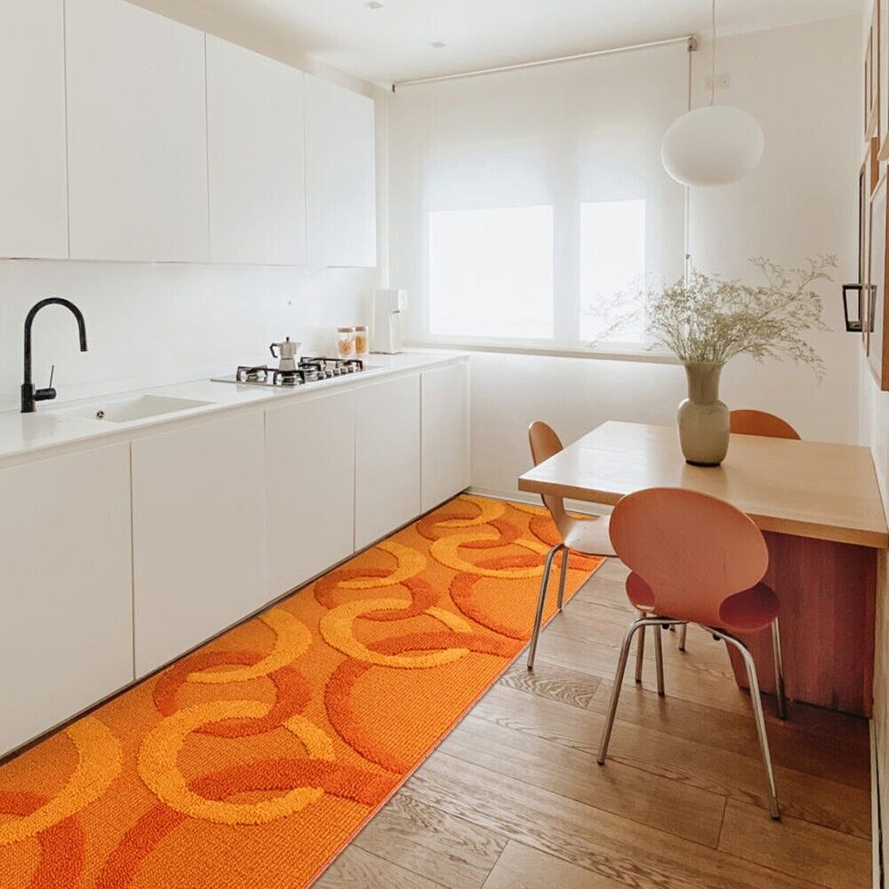 Tappeto Cucina 57x280 Cm Tridimensionale Cerchi 3D Assorbente Morbido Moderno Antiscivolo Arancione