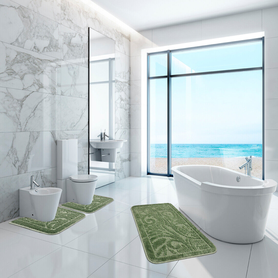 Tappeto Bagno Damascato Parure Verde Morbido Soffice Assorbente Antiscivolo Lavabile