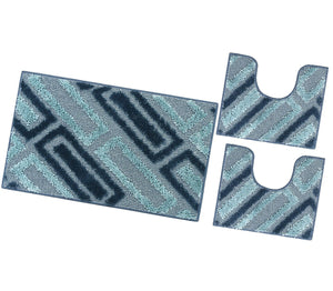 Tappeto Bagno Moderno Parure Set 3 Pezzi Soffice Shaggy Assorbente Antiscivolo Lavabile Blu