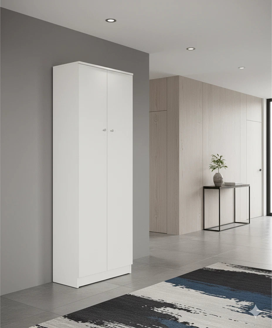 Armadio Utility Multiuso 2 ante 4 ripiani, 5 scomparti | Legno Bianco 62x34x182