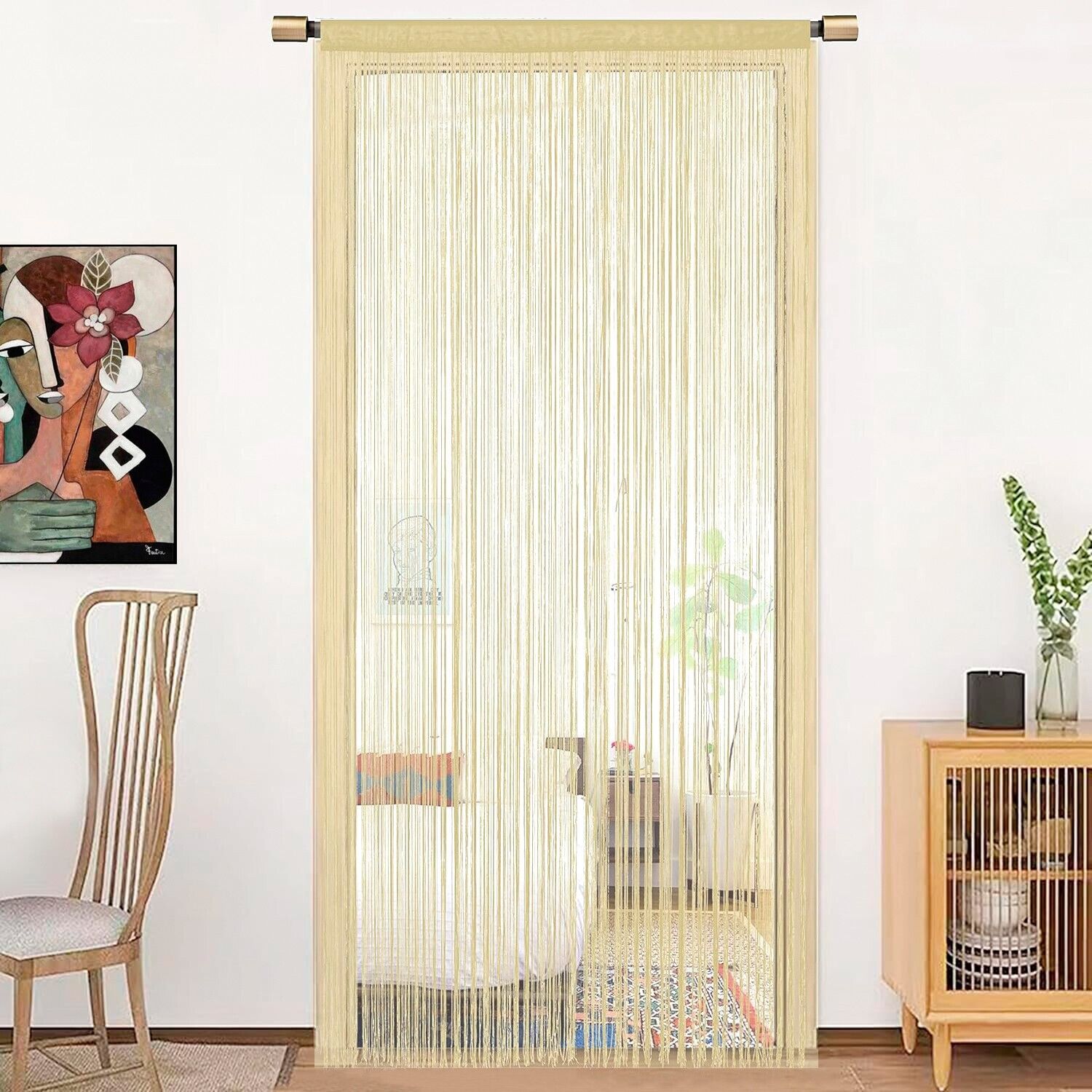 Tenda a Fili Elegante Per Porte Finestre Pannello 140x290 Cm Divisorio Camere Stanze Ambienti Senape