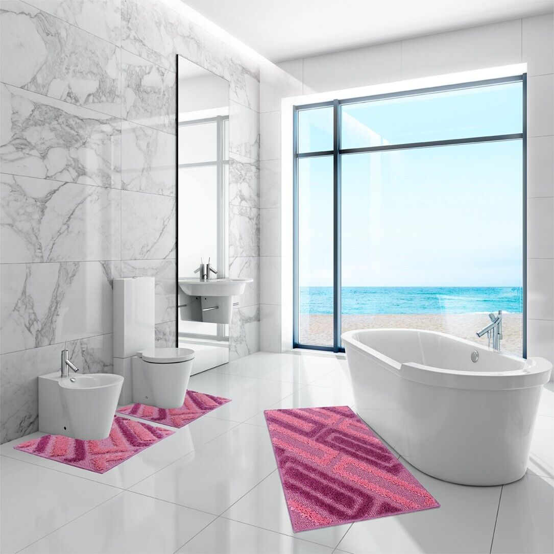 Tappeto Bagno Moderno Parure Set 3 Pezzi Soffice Shaggy Assorbente Antiscivolo Lavabile Rosa