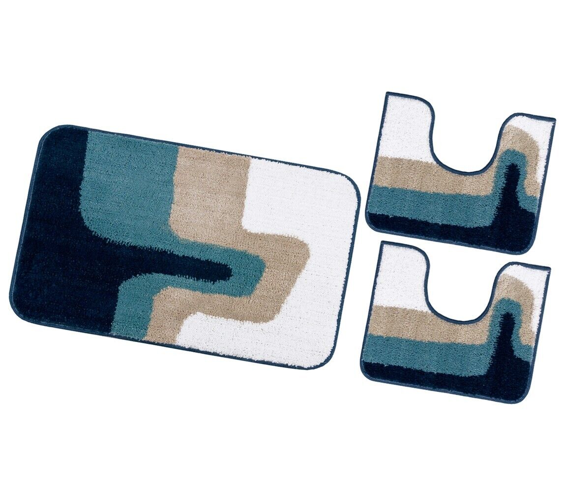 Tappeto Bagno Scendiletto Pelo Raso Morbido Assorbente Antiscivolo Lavabile Set 3 Pezzi Blu