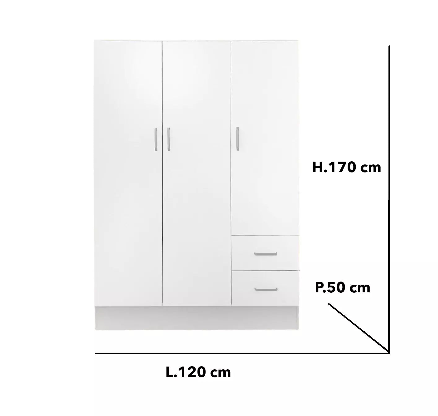 Armadio Guardaroba 120x50x170 cm 3 ante e 2 cassetti, Legno Laminato Bianco per Mansarda, Cantina, Garage e Ripostiglio