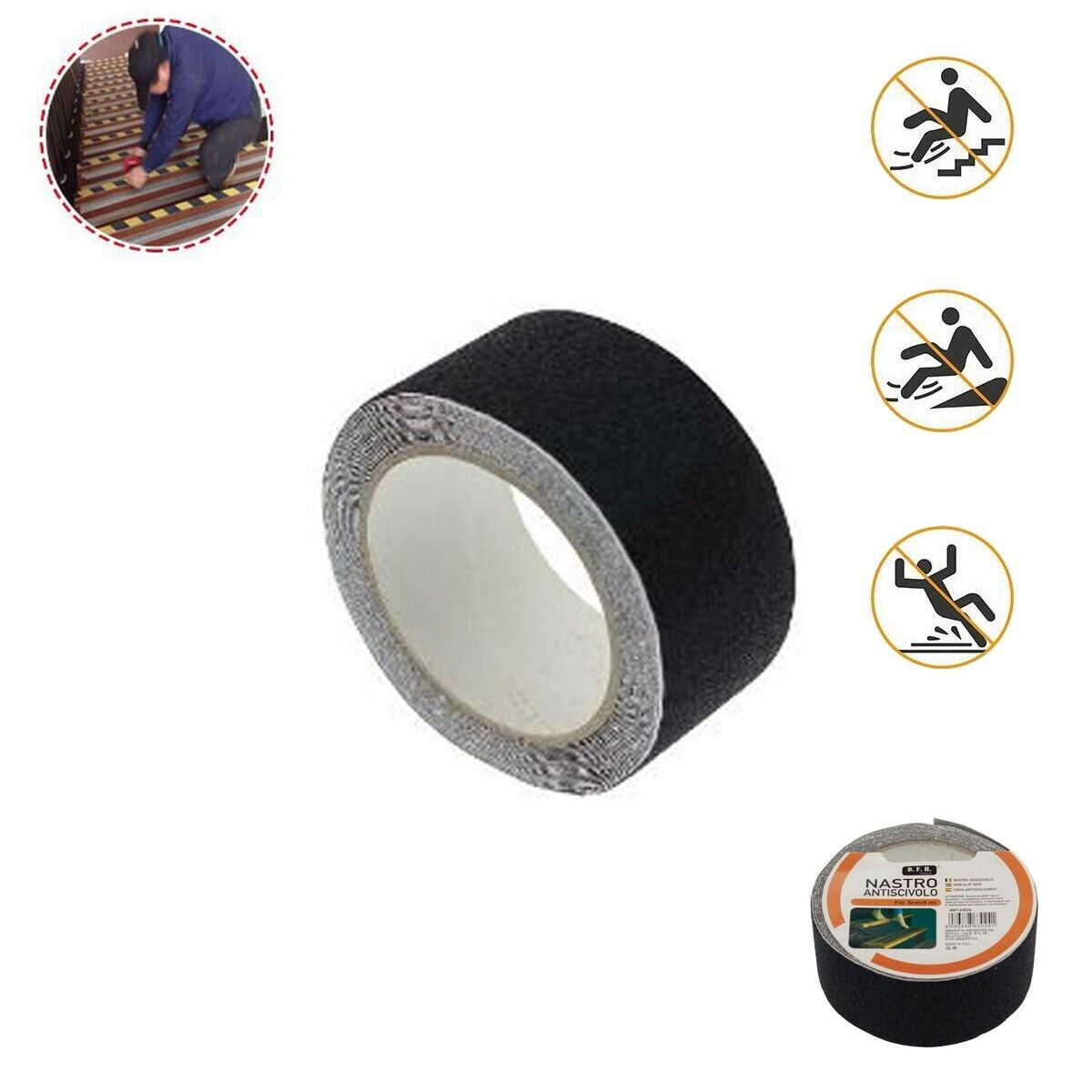 NASTRO ANTISCIVOLO ADESIVO 5MT 5MMM NERO SCALE PAVIMENTI SUPERFICI SCIVOLOSE