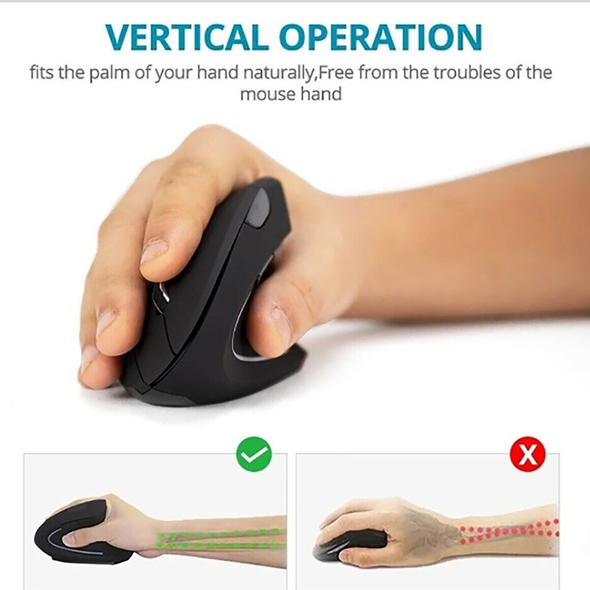 MOUSE VERTICALE WIRELESS ERGONOMICO POLSO TUNNEL CARPALE 5 TASTI D5 3600 DPI