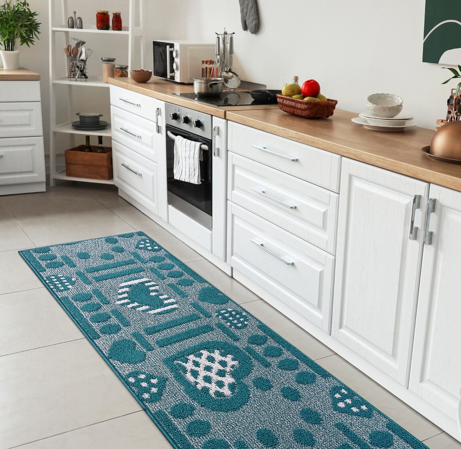 Tappeto Cucina Antiscivolo Cuori 3D Lavabile Moderno Assorbente Blu 57x270 cm