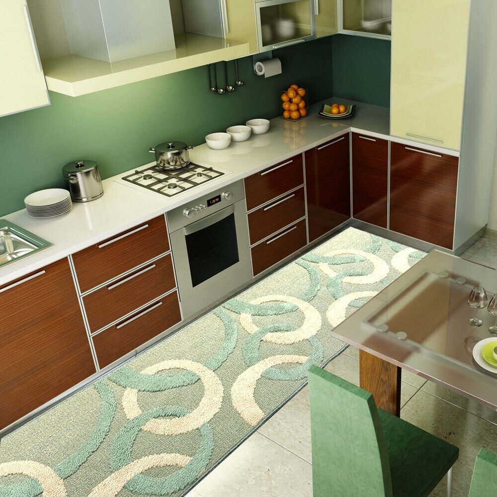 Tappeto Cucina 57x190 Cm Tridimensionale Cerchi 3D Assorbente Morbido Moderno Antiscivolo Verde