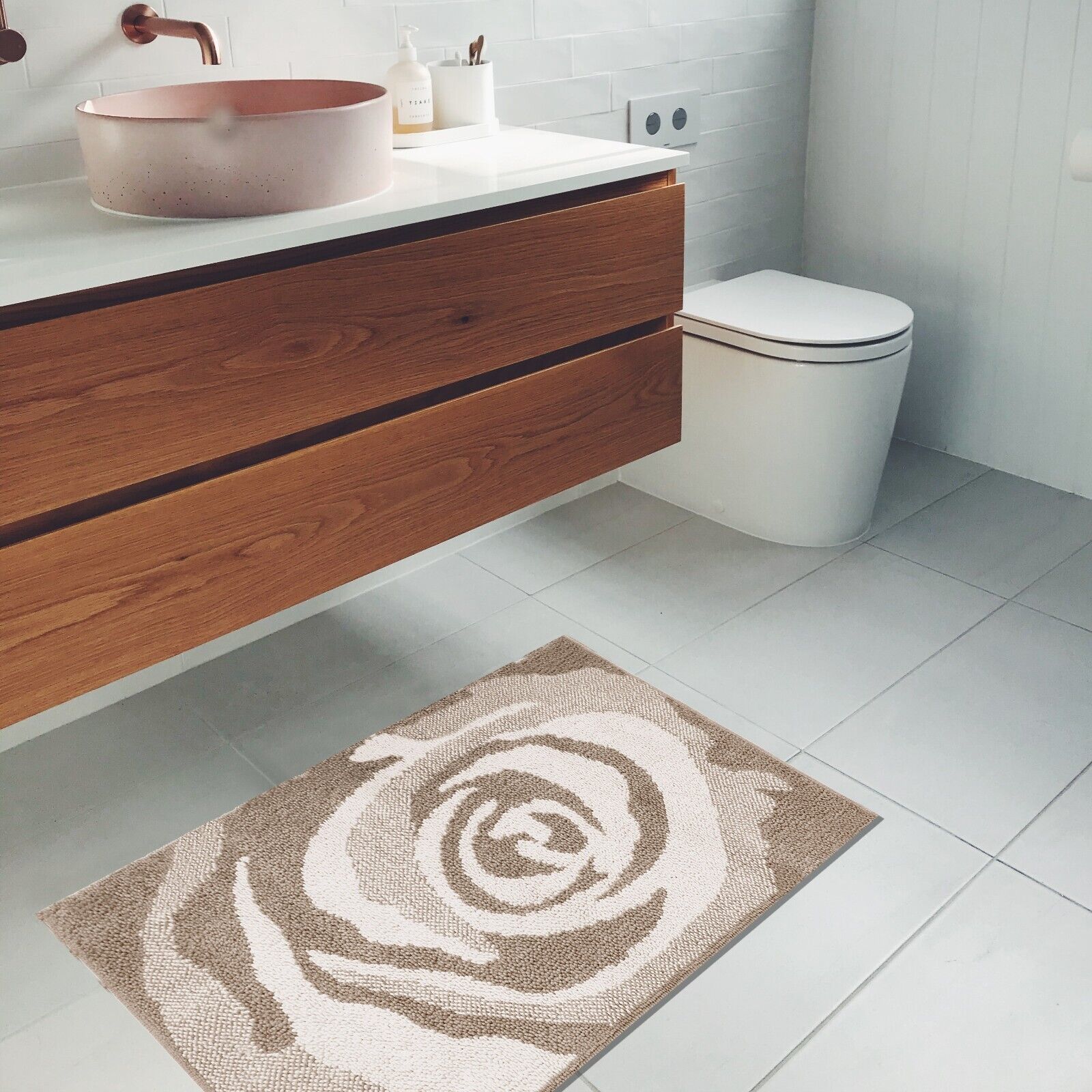Tappeto Bagno Scendiletto 65x140 cm Puro Cotone Rosa Elegante Assorbente Antiscivolo Beige