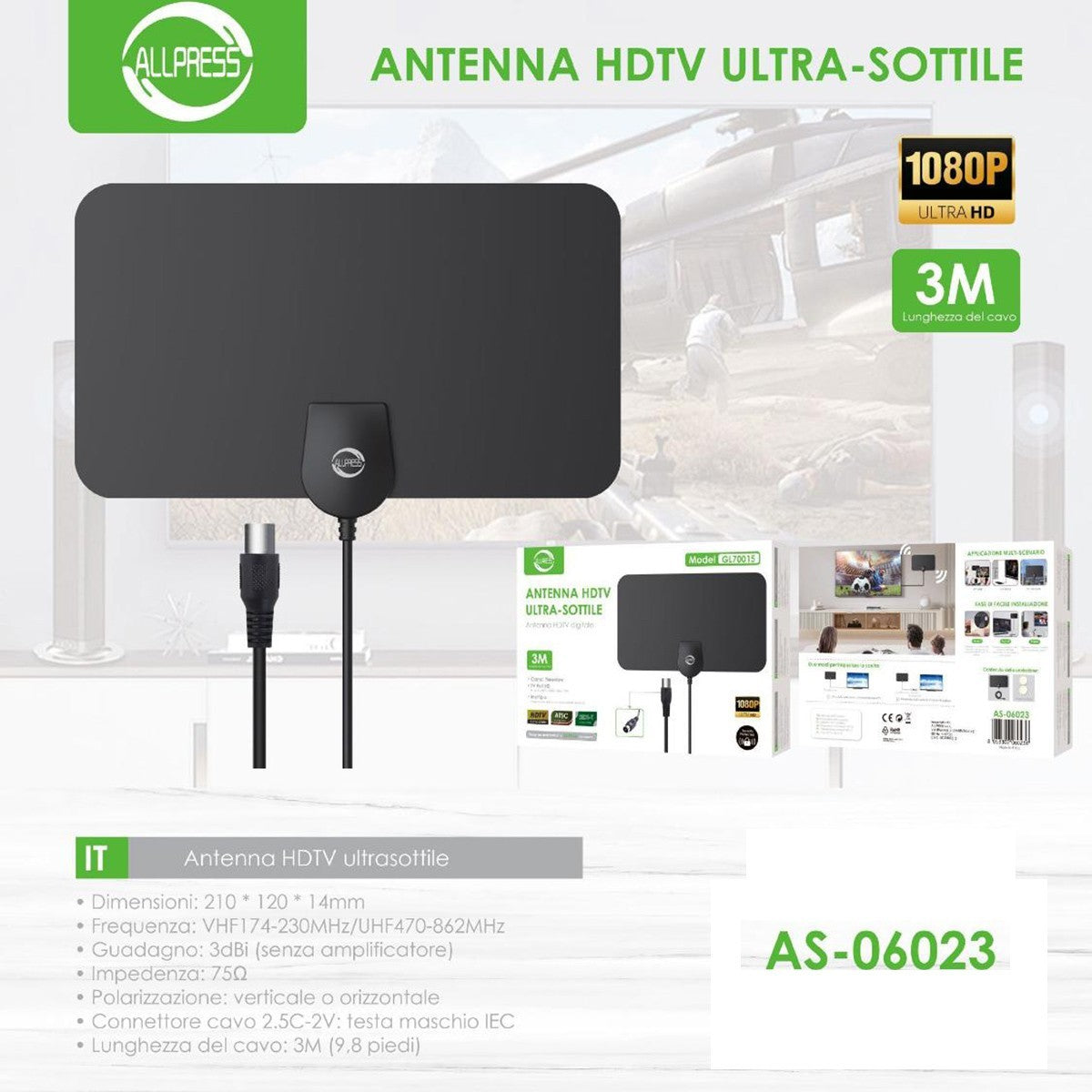 ANTENNA HDTV ULTRA-SOTTILE 1080P CON CAVO 3M RICEZIONE DIGITALE TERRESTRE 06023
