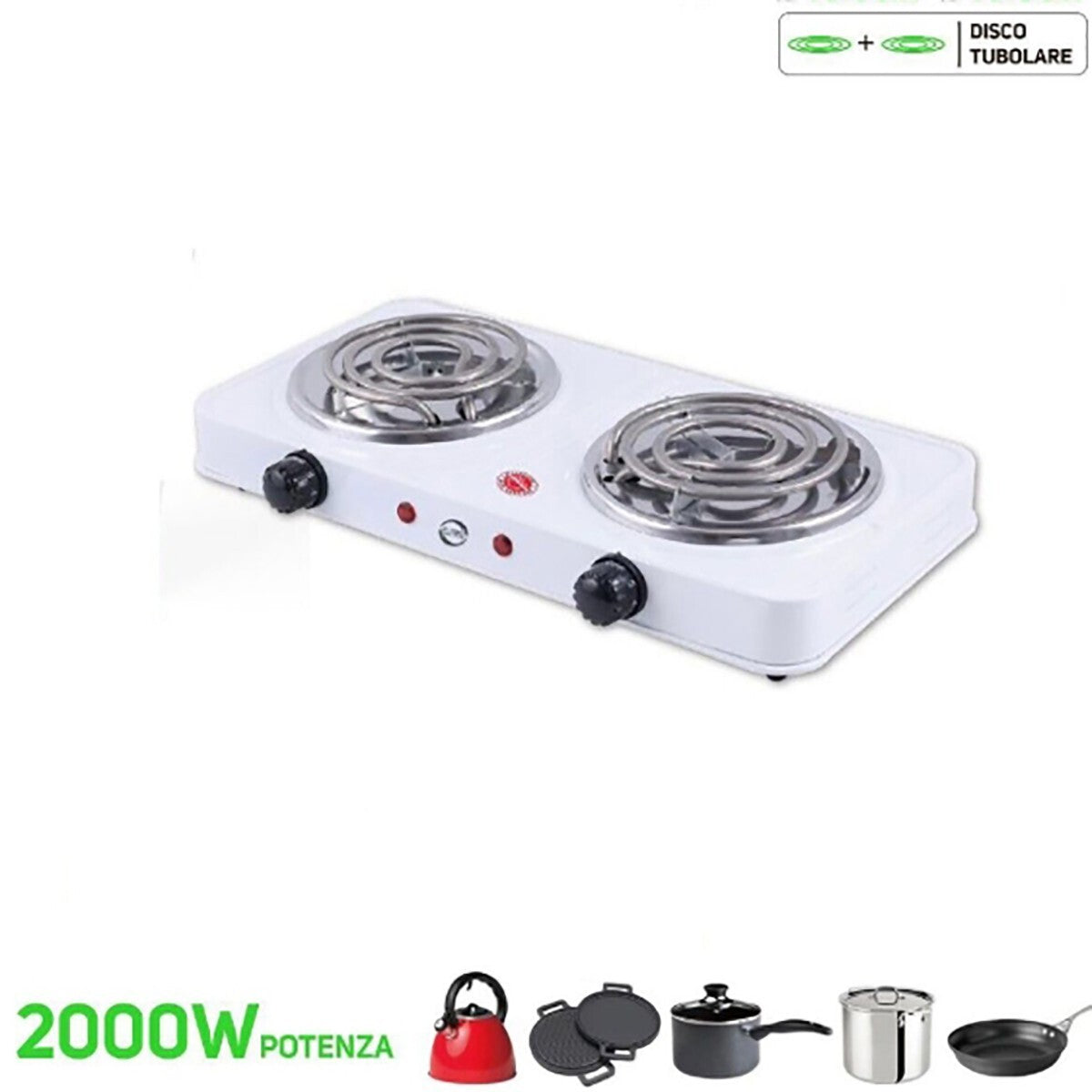 DOPPIO FORNELLO ELETTRICO SPIRALE 2000W CAMPEGGIO ACCIAIO PIASTRA 14CM H-003