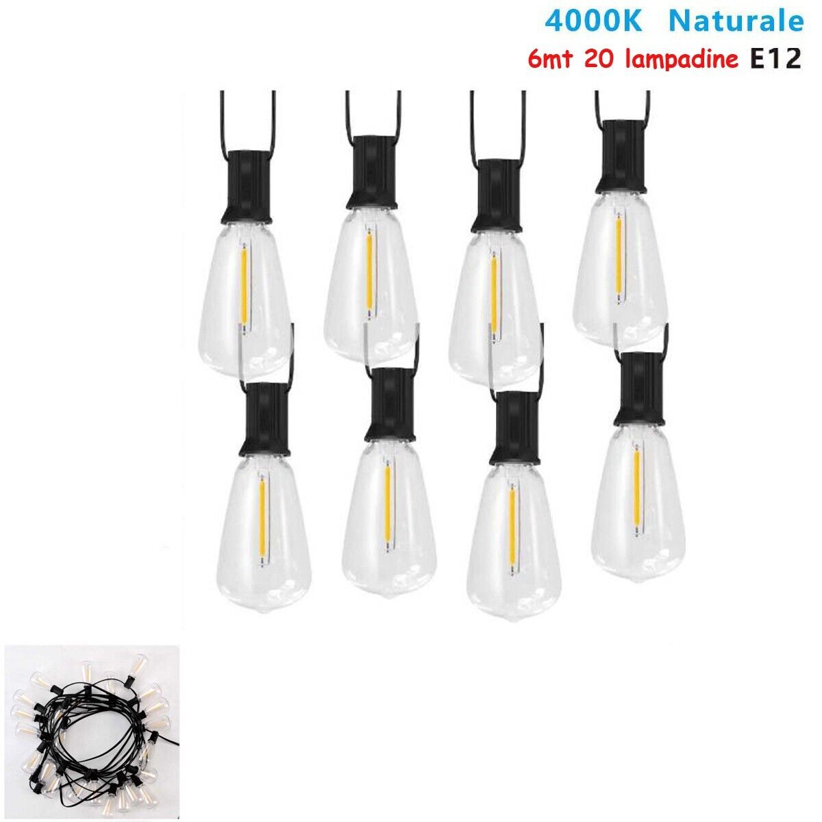 CATENARIA CATENA LUMINOSA 6MT CON 20 LAMPADINE E12 ESTERNO LUCE NATURALE 4000K