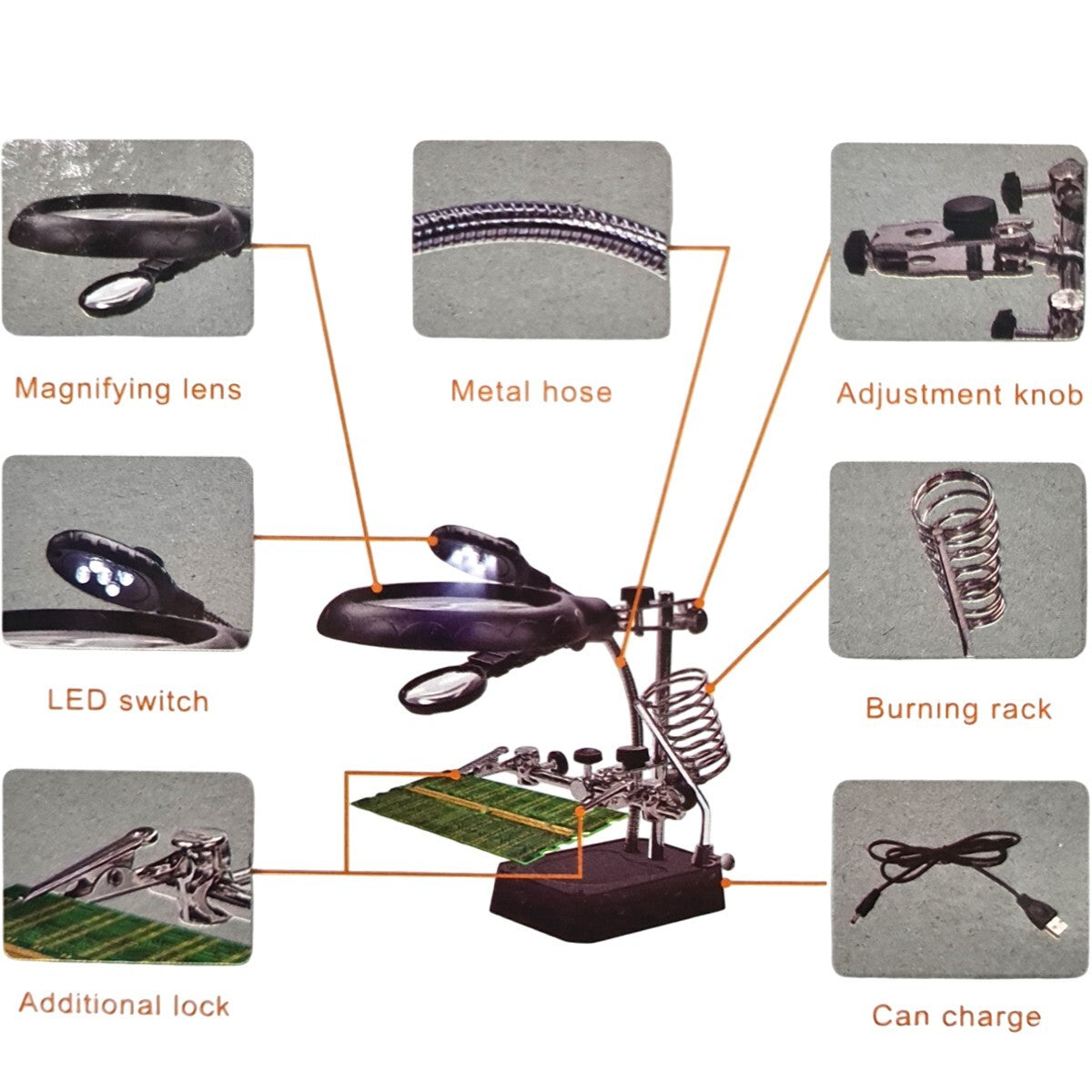 LENTE INGRANDIMENTO SALDATURA RIPARAZIONE 5 LED AUSILIARIA MOLLETTA USB TE800