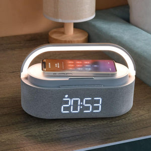 SPEAKER LAMPADA DA TAVOLO RICARICA WIRELESS PORTATILE LUCE RGB LED 15W OROLOGIO