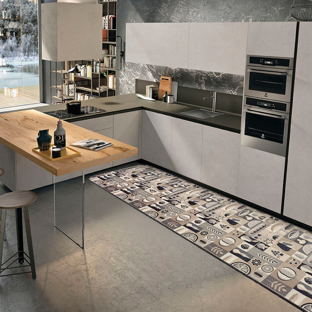 Tappeto Cucina Assorbente Bordato Antiscivolo Frutta e Verdura Passatoia Lavabile 52x240 Cm Nero