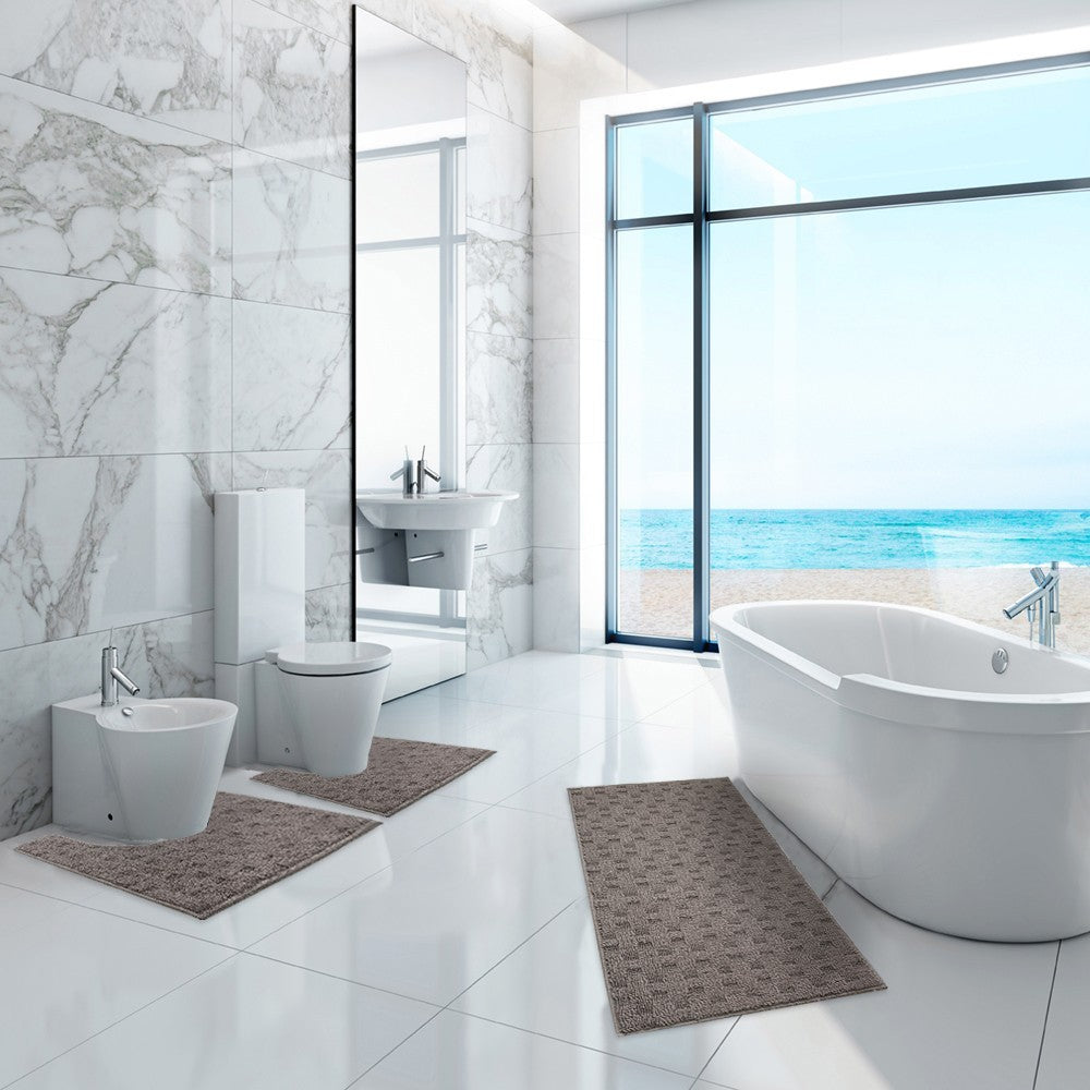 Tappeto Bagno Morbido Assorbente Antiscivolo 3D Intrecciato Lavabile Set 3 Pezzi Marrone