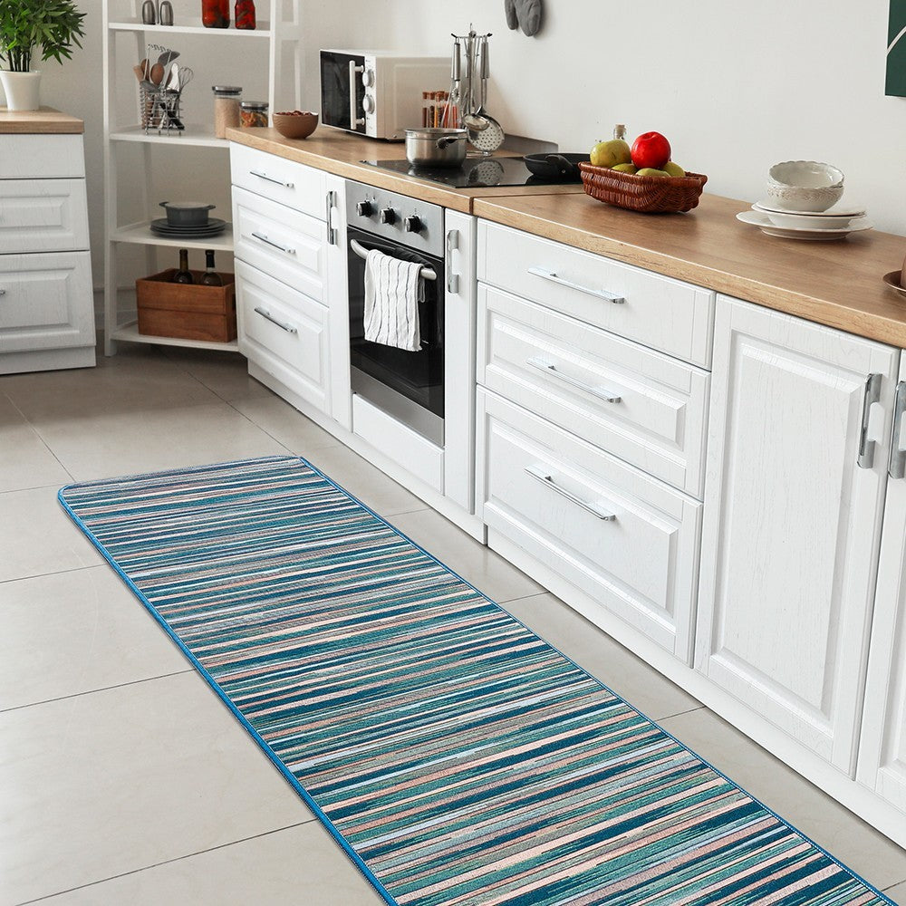 Tappeto Cucina Bordato Tessitura Piatta Bagno Camera Corridoio Stile Bamboo Blu 52x140 cm