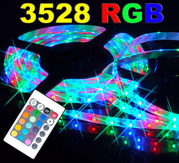 STRISCIA A LED SMD 3528 RGB IP65 5 METRI BOBINA CON ALIMENTATORE E TELECOMANDO