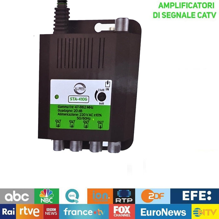 AMPLIFICATORE SDOPPIATORE SEGNALE TV VIDEO SEGNALE ANTENNA IN-OUT CATV 4 USCITE