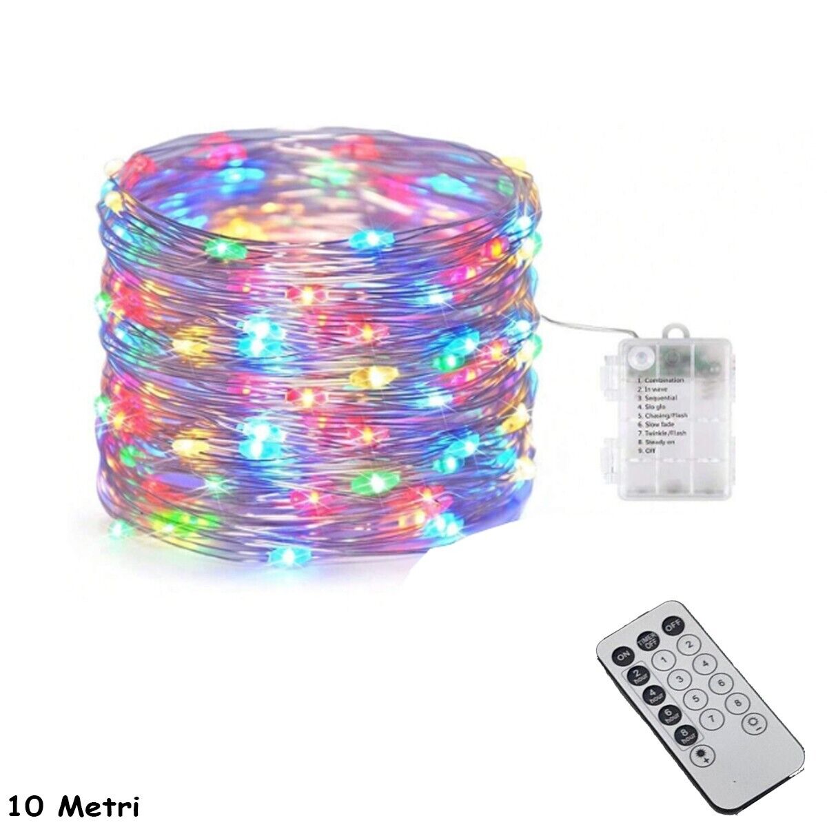 STRISCIA LED 10M 100 LED RGB MULTICOLORE A BATTERIA LUCE LUCI NATALE ALBERO FILO
