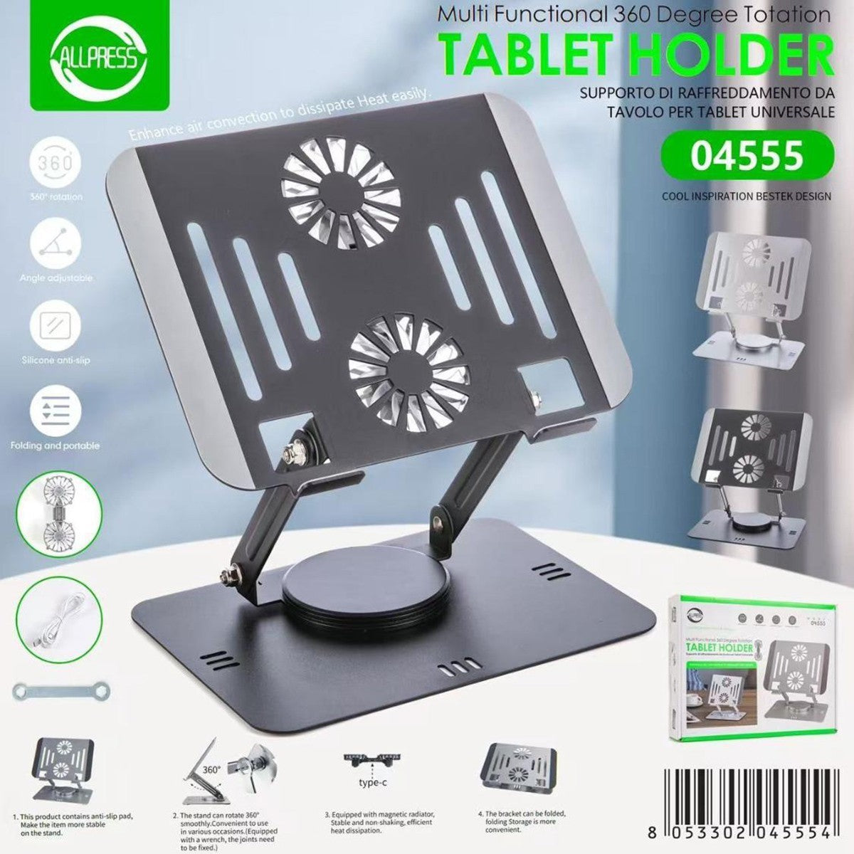 SUPPORTO TAVOLO DISSIPATORE VENTOLA 360° TABLET E  DISSIPAZIONE CALORE