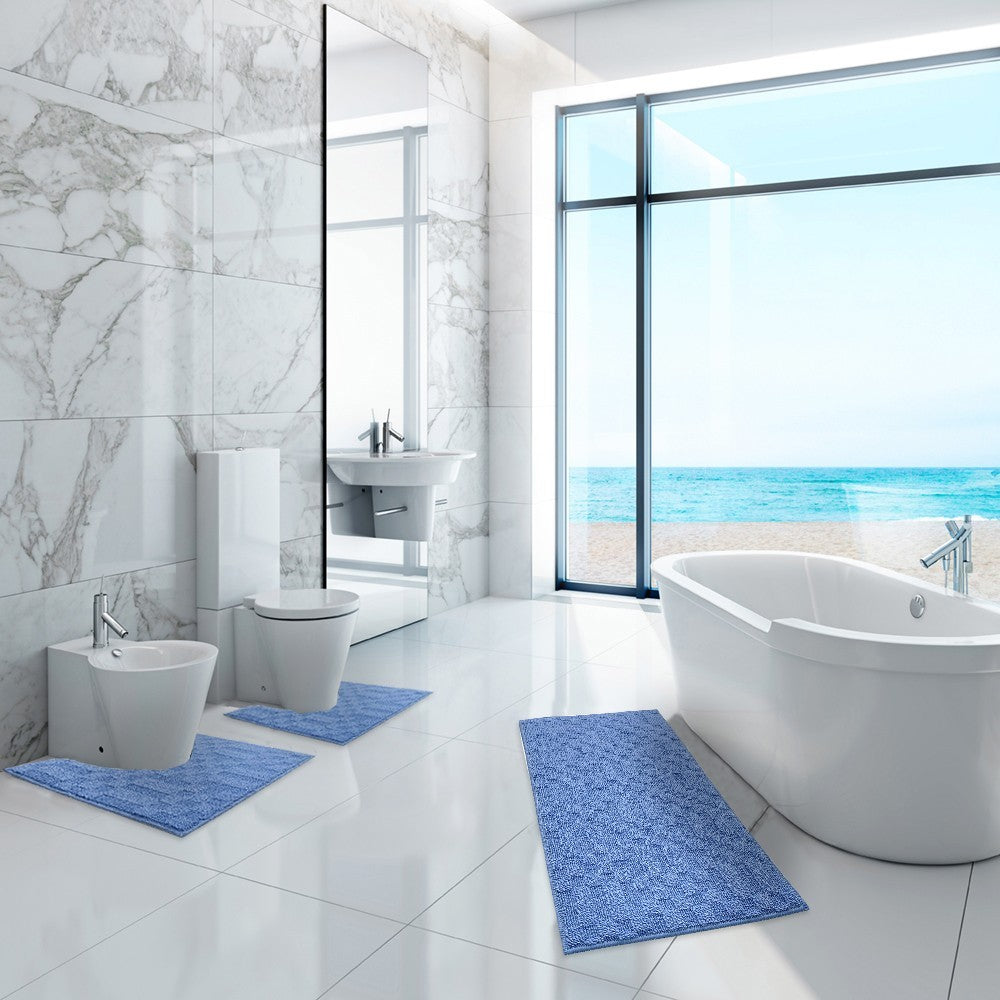 Tappeto Bagno 3D Morbido Assorbente Antiscivolo Lavabile Scendiletto Camera Set 3 Pezzi Azzurro