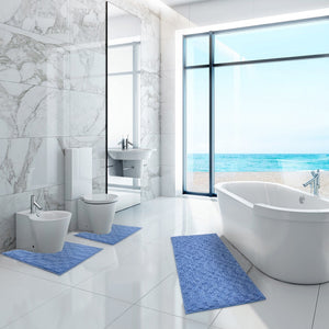 Tappeto Bagno 3D Morbido Assorbente Antiscivolo Lavabile Scendiletto Camera Set 3 Pezzi Azzurro