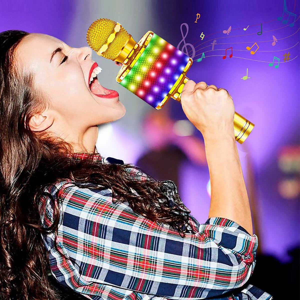 MICROFONO KARAOKE BLUETOOTH WIRELESS ALTOPARLANTE LED RGB REGISTRAZIONE USB