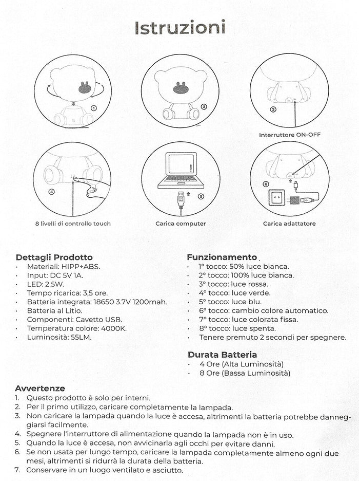 Lampada Touch Led Cane Regolabile Abat Jour Cameretta Comodino Bambini No Fili Ricarica Usb - Azzurro