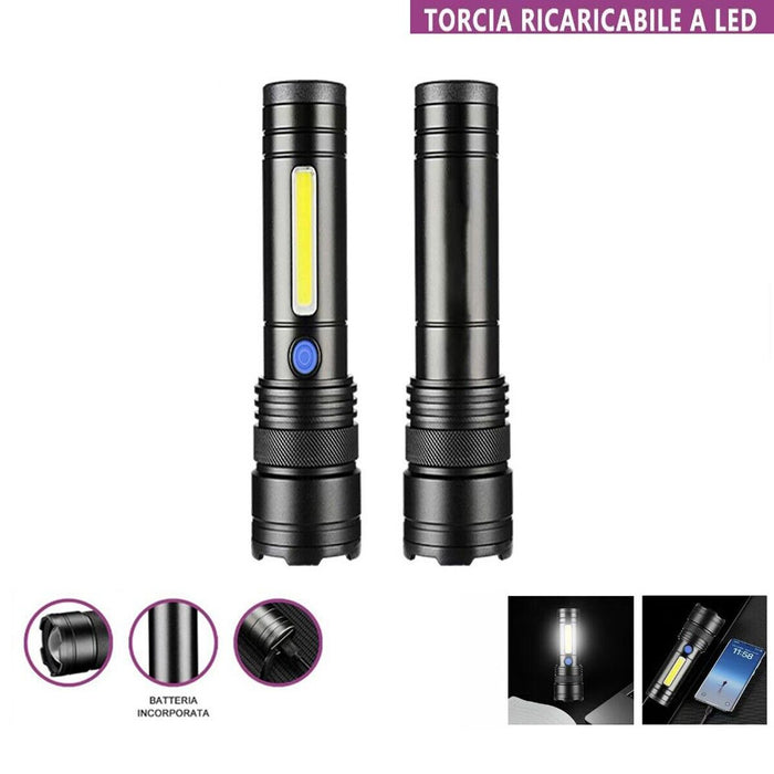 TORCIA RICARICABILE LED LATERALE COB USB POTENTE BATTERIA PORTATILE TE-B0621