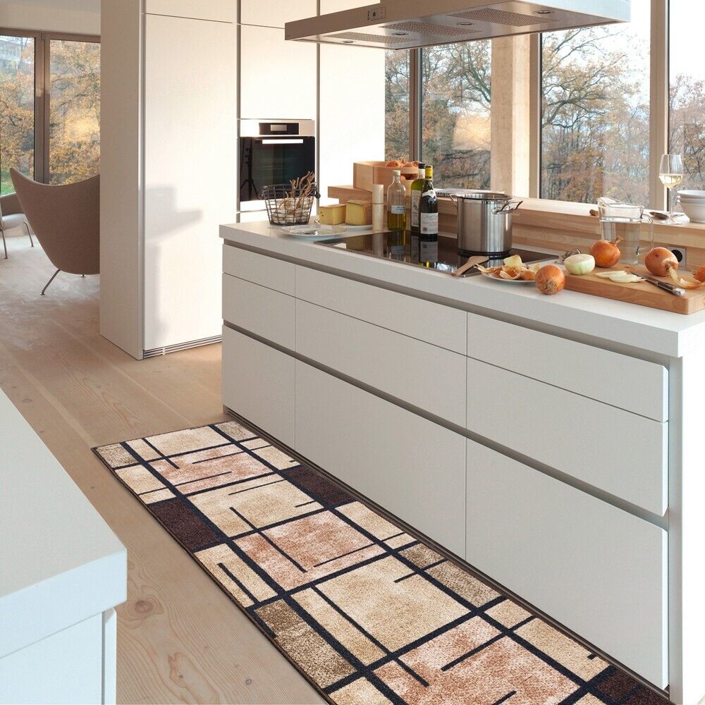 Tappeto Cucina Bordato Antiscivolo 57x140 Cm Moderno Passatoia Colori Accesi Marmorizzato Marrone