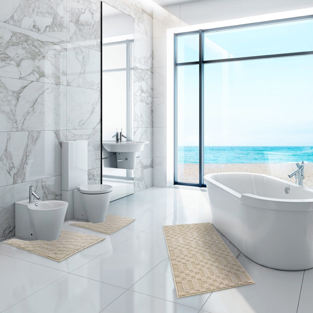 Tappeto Bagno 3D Morbido Assorbente Antiscivolo Lavabile Scendiletto Camera Set 3 Pezzi Beige