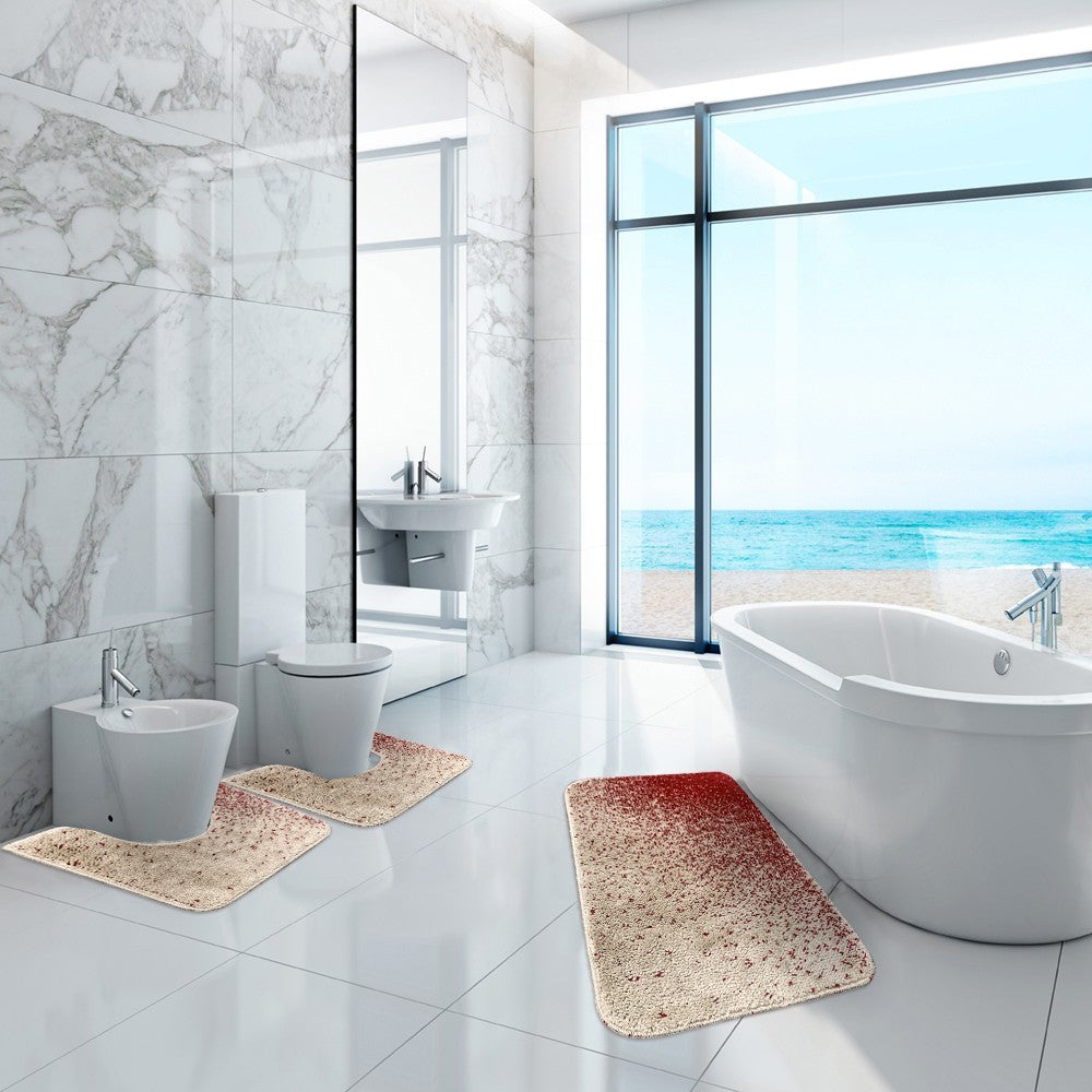 Tappeto Bagno Camera Scendiletto Doccia Vasca Antiscivolo Assorbente Shaggy Soffice IBISCO A Parure 3 Pezzi - Rosso