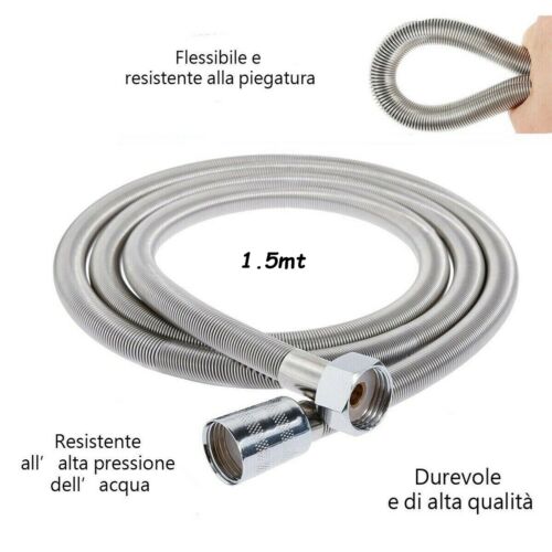 TUBO FLESSIBILE SOFFIONE DOCCINO DOCCIA VASCA BAGNO 1.5 MT ACCIAIO CROMATO 01983