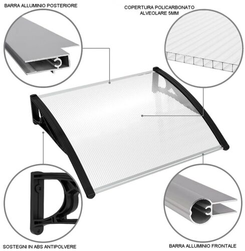 Pensilina Tettoia Modulare 120x80 Cm Tetto Esterno Alveolare Policarbonato Resistente Trasparente