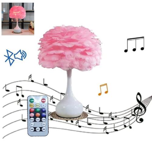 LAMPADA LED RGBW CON PIUME ROSA TAVOLO COMODINO BLUETOOTH TELECOMANDO MUSICA