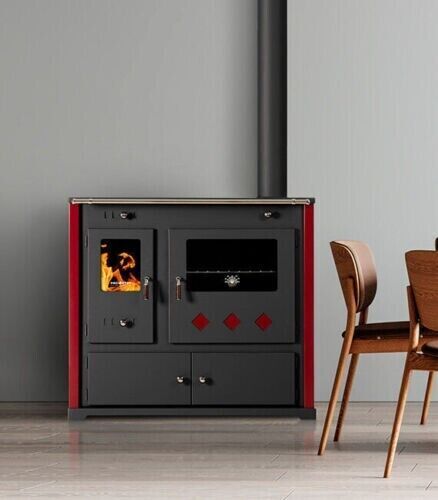 Stufa a legna Practik lux Eco, piastra superiore in ghisa canna fumaria destra