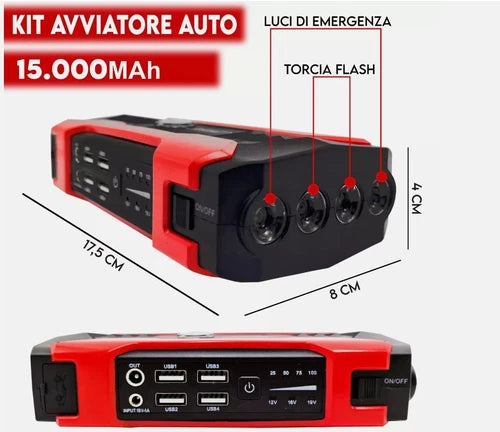 AVVIATORE AUTO CARICABATTERIE 15000 PORTATILE EMERGENZA TORCIA JUMP STARTER